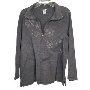 Catherines‎ 0X Womens Gray Embellished Snowflake Pullover 1/4 Zip Top